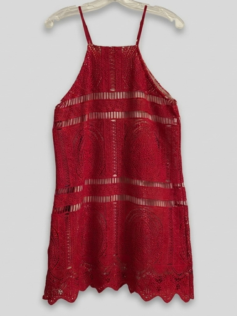 Francesca's Red Lace Dress Medium Geometric Scalloped Trim Cottagecore Romantic